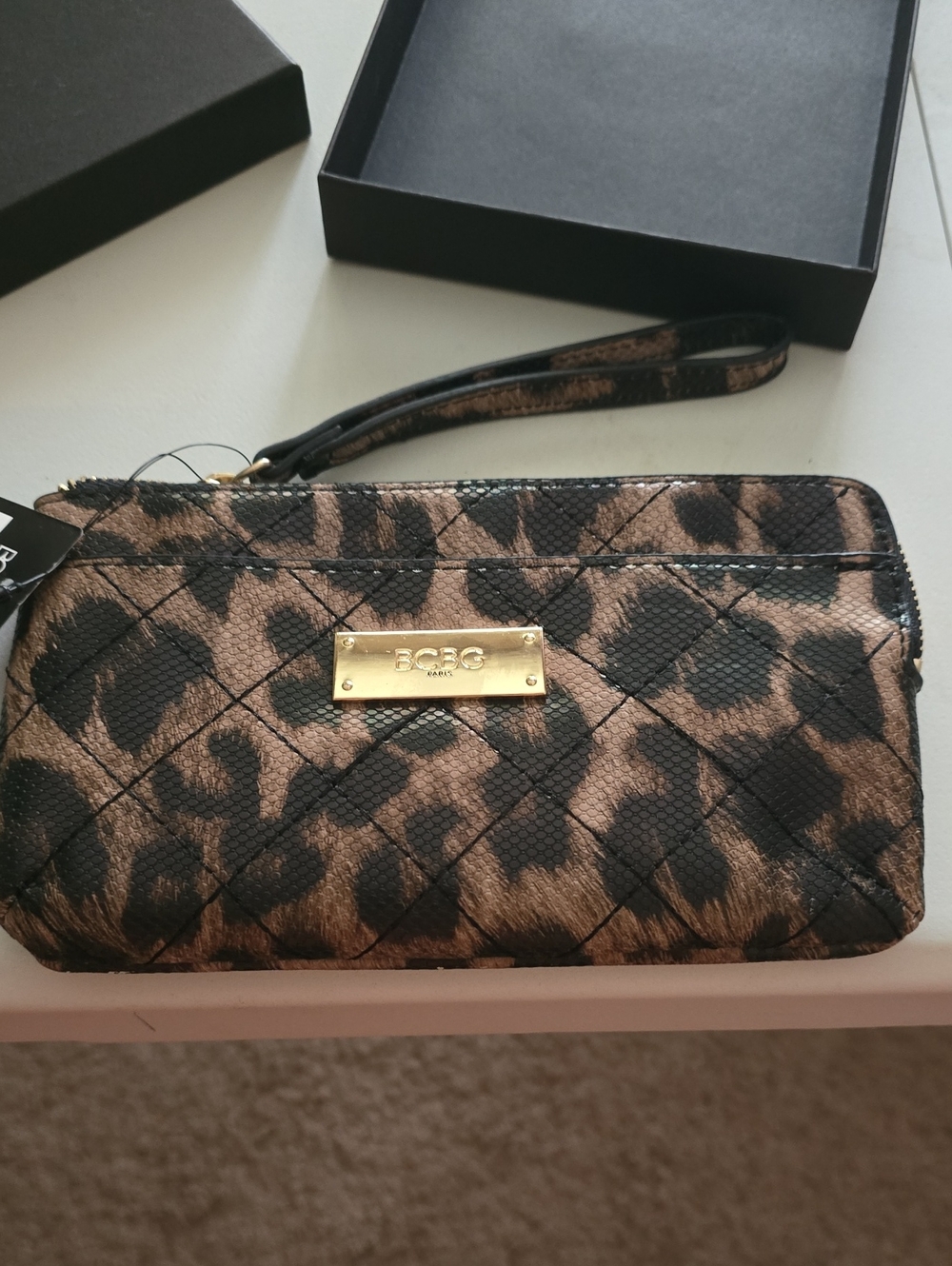 BCBG Leopard-Print Quilted Wristlet - Brown/Black with Gold Logo